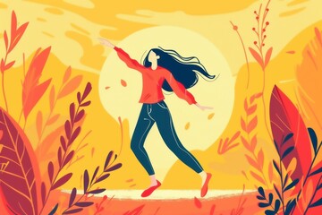 A vibrant illustration of a woman dancing joyfully amidst large plants and a warm yellow sunset background