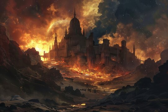 Desolate castle engulfed in fiery apocalypse surrounded by rocks and rivers of lava under a bloodred moon