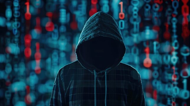 Mysterious figure in a dark hoodie stands in front of a digital binary code background