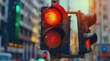 Glowing red traffic signal with blurred cityscape background