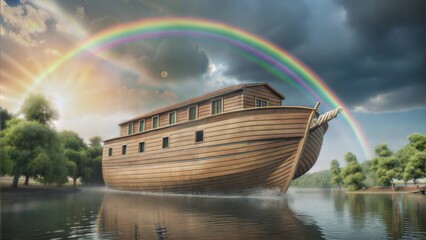 Noah's Ark, large wooden boat floating in the middle of a stormy ocean