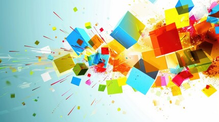 Explosion of colorful 3D cubes on a white background