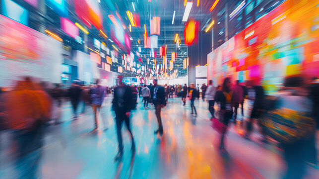 Blurred motion of people walking in a brightly lit, vibrant convention hall.