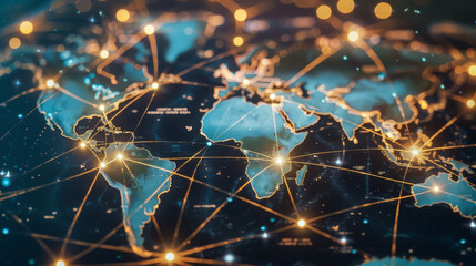 A world map with lines connecting major cities, symbolizing global trade and international business partnerships facilitated by digital platforms. 