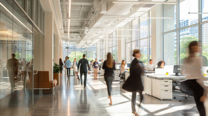 A busy, modern office space with people walking and working.