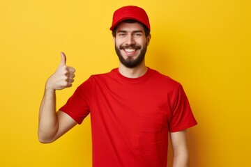 Fototapeta premium Portrait of a delivery man in a red t shirt and cap smiling and giving a thumbs up isolated on a yellow background