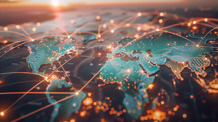 A world map with lines connecting major cities, symbolizing global trade and international business partnerships facilitated by digital platforms. 