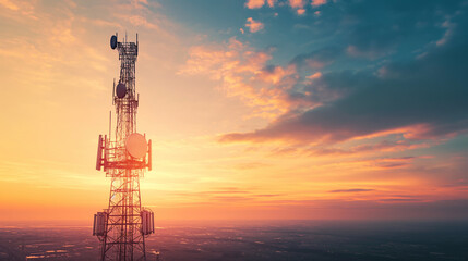 Obraz premium Communication tower against a stunning sunset sky.