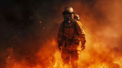 Fototapeta premium Firefighter in protective gear walking through intense flames and smoke.