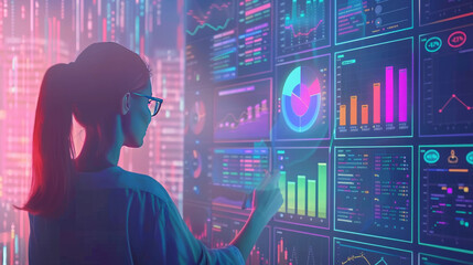 Analysts working with interactive dashboards displaying real-time data, charts, and graphs. Emphasize the role of big data and AI in driving business insights and decision-making. 