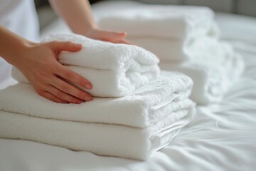 Room service maid placing fresh towels on bed sheet