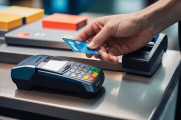 Hand holds credit card at point of sale POS terminal to make payment