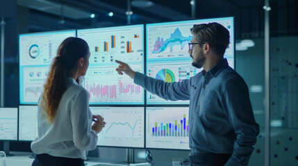 Analysts working with interactive dashboards displaying real-time data, charts, and graphs. Emphasize the role of big data and AI in driving business insights and decision-making. 