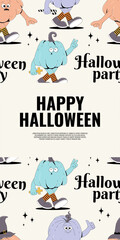 Groovy retro Happy Halloween banner, flyer, poster, brochure. Funky walking groovy character pumpkins with creepy and skary face. Vector template.