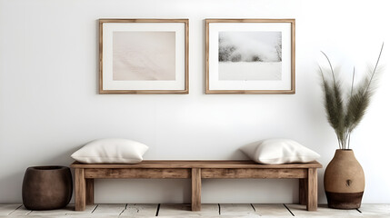  wooden rustic bench near a white wall in a farmhouse, country, and boho interior design of a modern home entryway features two frames