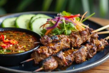 Fototapeta premium Skewered grilled meat served with spicy salad cucumber chili and soy sauce