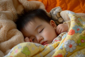 Sleeping Japanese infant in bed