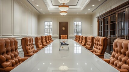 White judiciary conference room with a long table and leather chairs