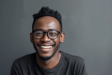 Obraz premium Smiling African American man wearing glasses laughing and posing for a picture isolated on a grey background