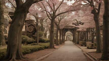 Naklejka premium a walkway that has a clock on it and trees