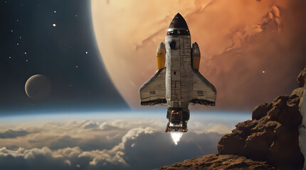 spaceship flying over the earth with a planet in the background