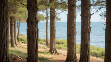 a bench in the woods by the water