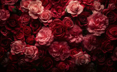 Fototapeta premium A dense arrangement of red and pink roses in soft lighting.
