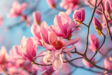 Obraz premium Stunning blooming magnolia tree in spring with beautiful pink flowers against a blue sky background showcasing the warmest colors