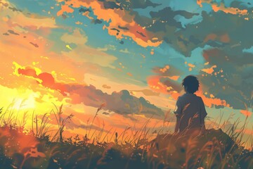 A person smiles at the sunset from a hilltop, the sky painted in warm hues, cozy vibe, Generative AI 