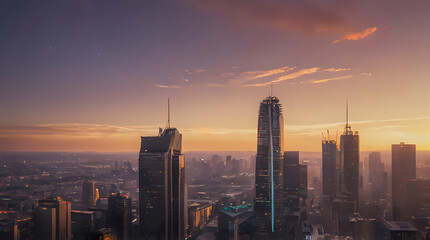 araffature of a city skyline with skyscrapers and a sunset