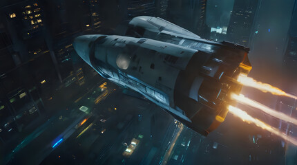 spaceship flying through the air with a city in the background