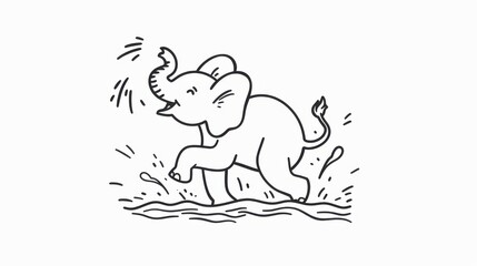 Adorable elephant splashing in water, cute black and white drawing. Playful baby elephant sketch enjoying time in water.
