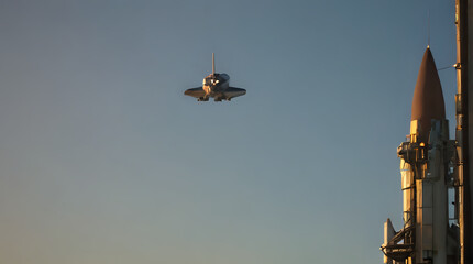 a plane that is flying in the sky with a rocket