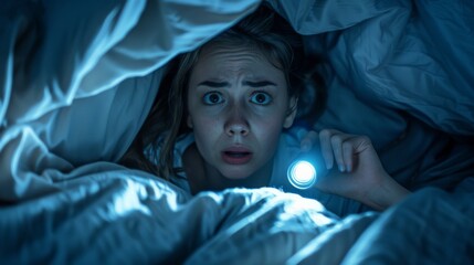 Portrait of a young woman in pajamas at night searching something under the bed with a flashlight.