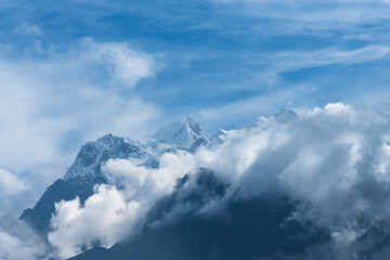 Mt Manaslu is surrounded by thick clouds. Manaslu, also known as Kutang, is the eighth-highest mountain in the world, standing at 8,163 meters
