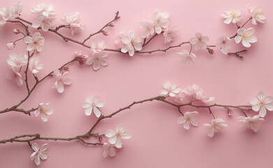 Obraz premium Delicate cherry blossoms on thin branches against a soft pink background.