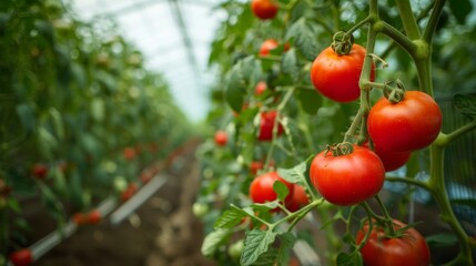 Farmers tending to tomato plants inside a large greenhouse Generative AI