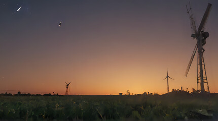 a windmill in the middle of a field with a bird flying in the sky