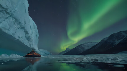 a boat in the water with a green aurora behind it