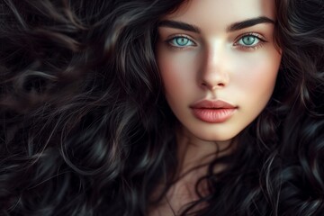 Fototapeta premium Stylish brunette woman with healthy long wavy hair and dark features