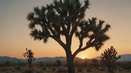 joshua tree in the desert with the sun setting behind it