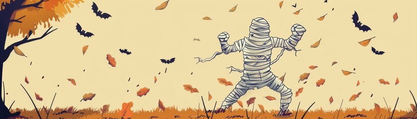 Halloween illustration of a mummy surrounded by flying bats and falling leaves in an autumn landscape scene.
