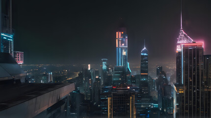 nighttime view of a city with skyscrapers and a few lights