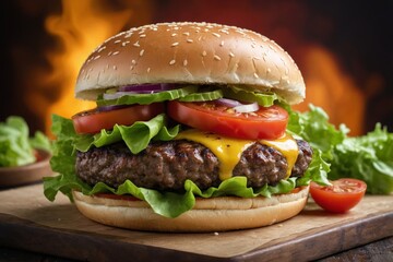 Juicy cheeseburger with sesame seed bun and fresh toppings