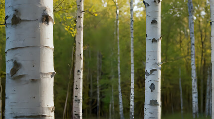 a many white birch trees in the woods with green grass