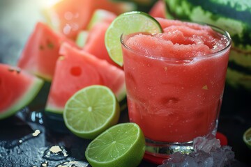 Refreshing watermelon smoothie with lime garnish and ice.