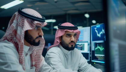 Two Saudi software engineers collaborate on a tech project at an industrial office Arab scientists work at a research center