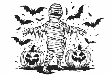 Obraz premium Spooky black and white Halloween illustration of a mummy with pumpkins and bats, perfect for seasonal decorations or invitations.