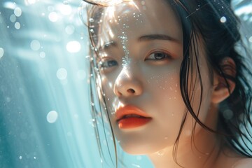 Underwater simulation featuring an attractive young Asian model with wet hair and flawless skin Studio portrait showcasing face care facial treatment and cosmeto