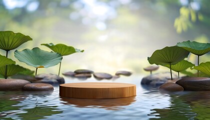 Naklejka premium Wooden podium for products to float in the middle of beautiful lake or river water with typical aquatic plants around it. advertisement. promotion. Cosmetics